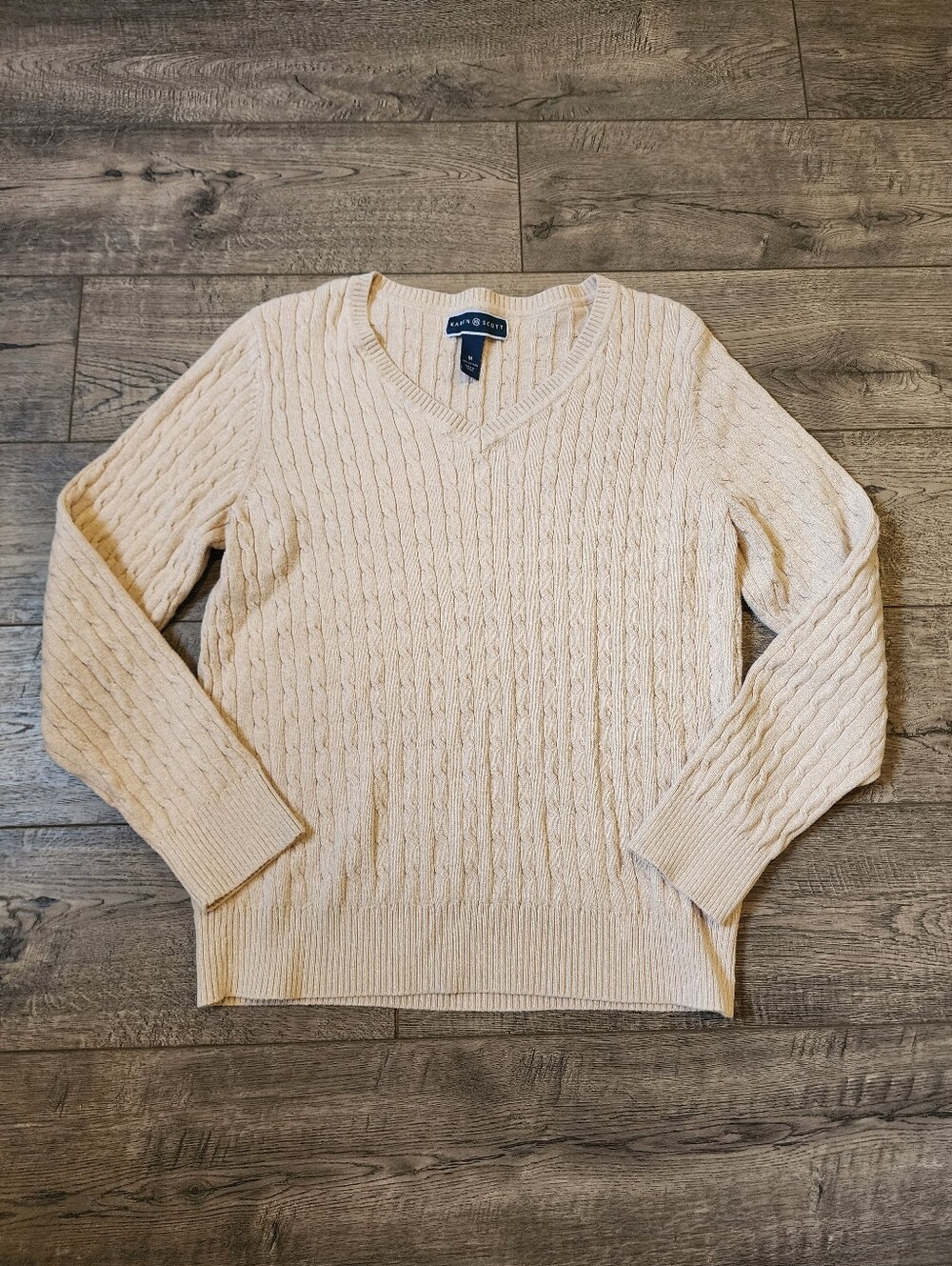 Karen Scott Womens Sweater Cable Knit Size M V-Neck Long-Sleeve Beige 100%Cotton